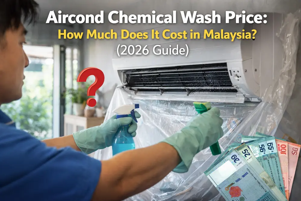 Aircond chemical wash price in Malaysia showing technician cleaning air conditioner indoor unit