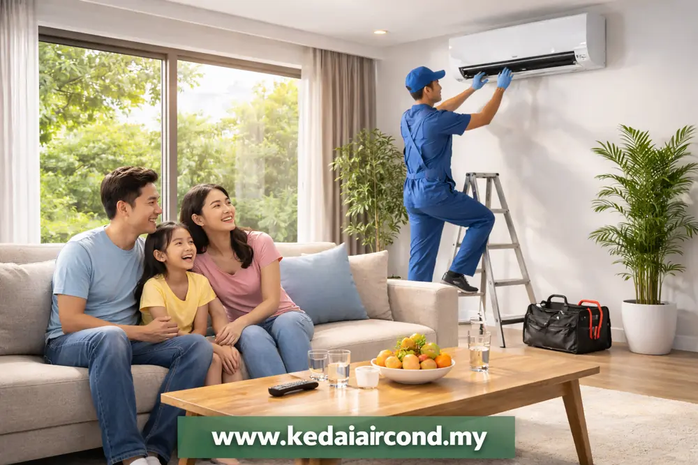Professional aircond maintenance and service technician at work in a Malaysian home