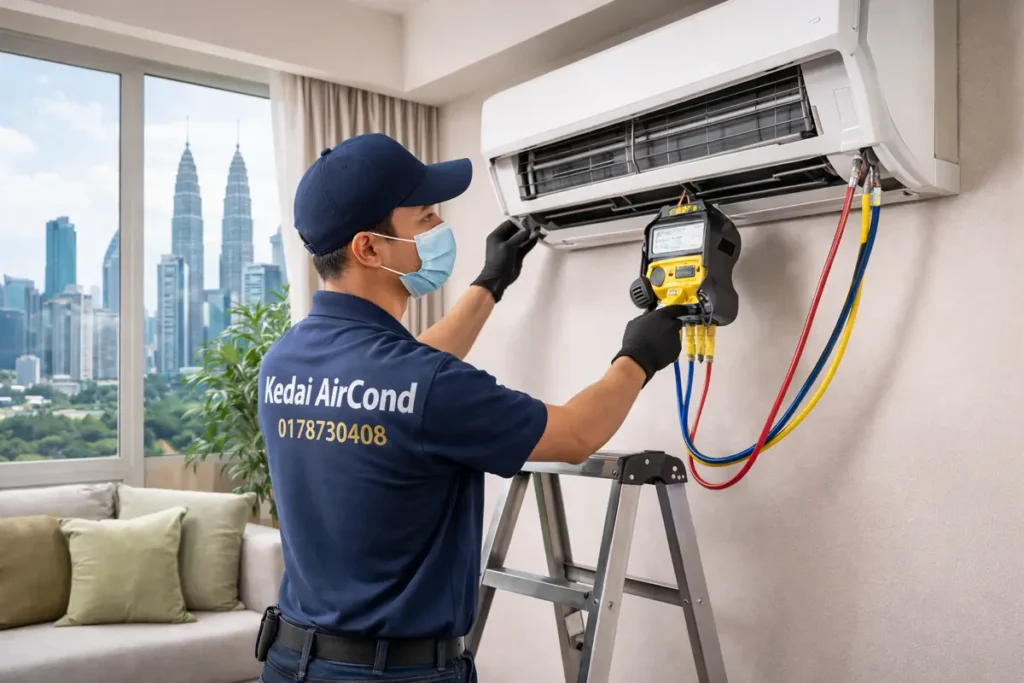 Kedai Aircond technician fixing aircond not cold problem in Kuala Lumpur