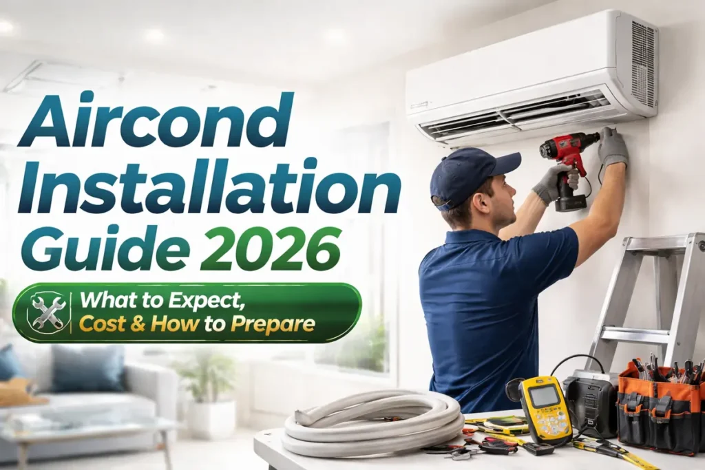 Aircond installation guide 2026 showing technician installing wall mounted air conditioner in a home