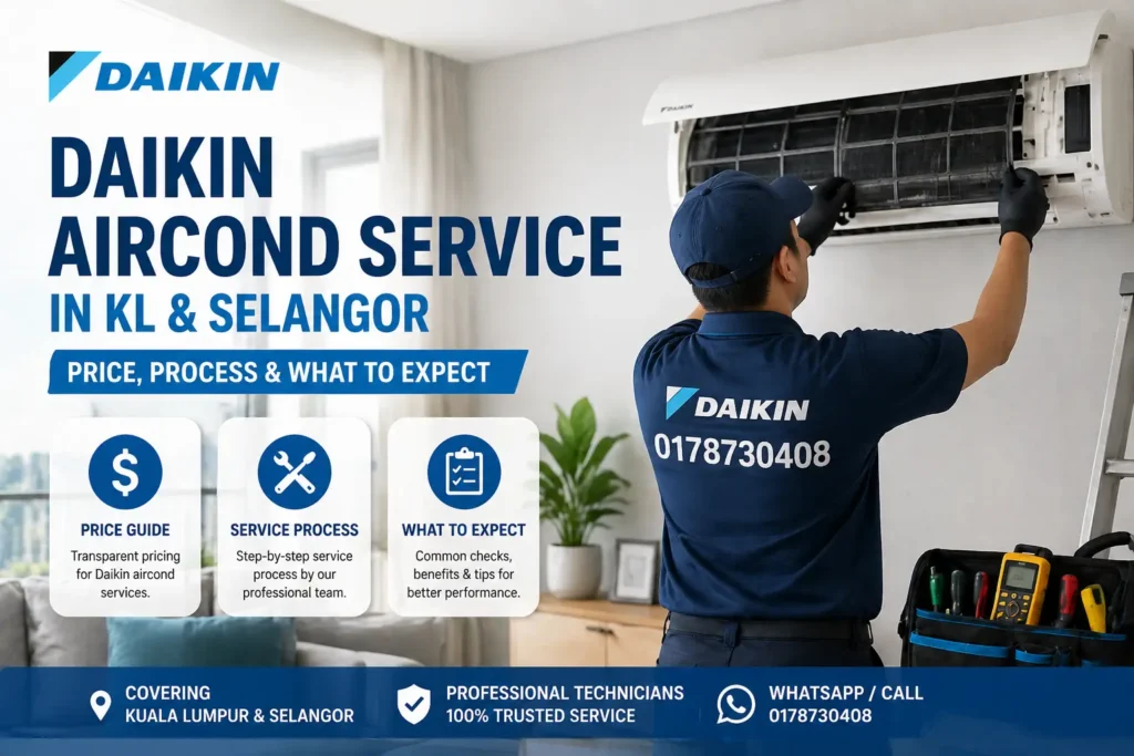 Daikin aircond service technician performing chemical wash on wall-mounted unit in KL and Selangor home