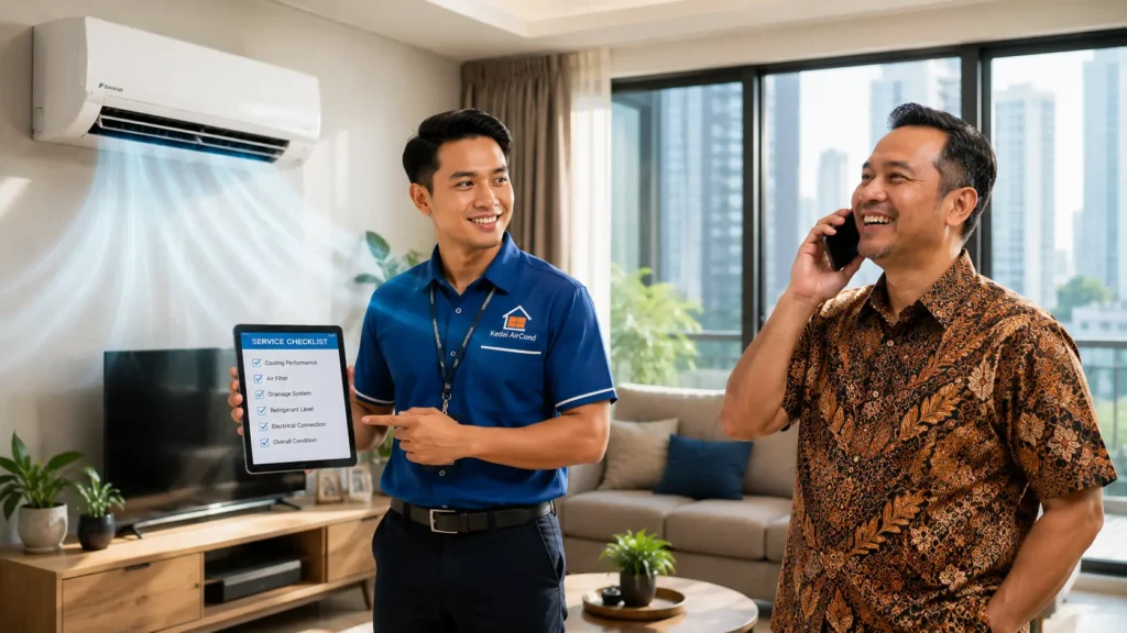 Aircond service for landlords Malaysia – technician checking rental unit aircond with checklist, landlord happy