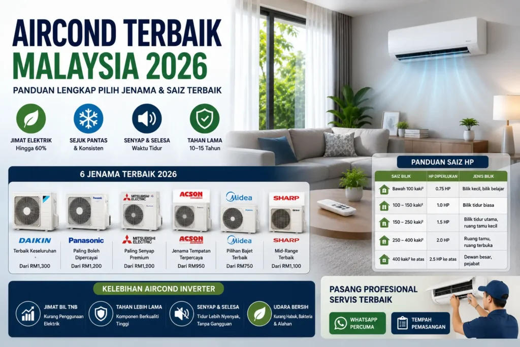 Aircond terbaik Malaysia 2026 dengan jenama popular Daikin, Panasonic, Mitsubishi, Acson, Midea dan Sharp serta panduan saiz HP untuk rumah