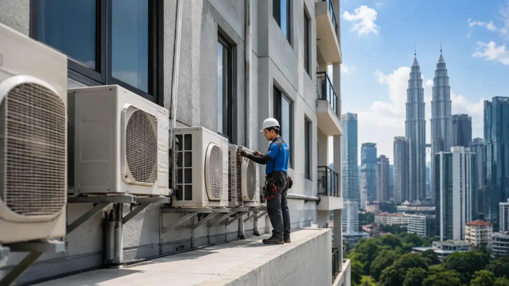 CIDB-certified technician inspecting aircond compressor unit on a condo service ledge in Kuala Lumpur