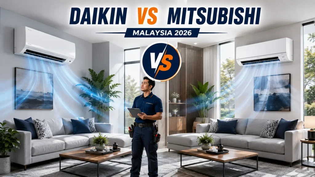 Daikin vs Mitsubishi aircond Malaysia 2026 comparison in a modern living room