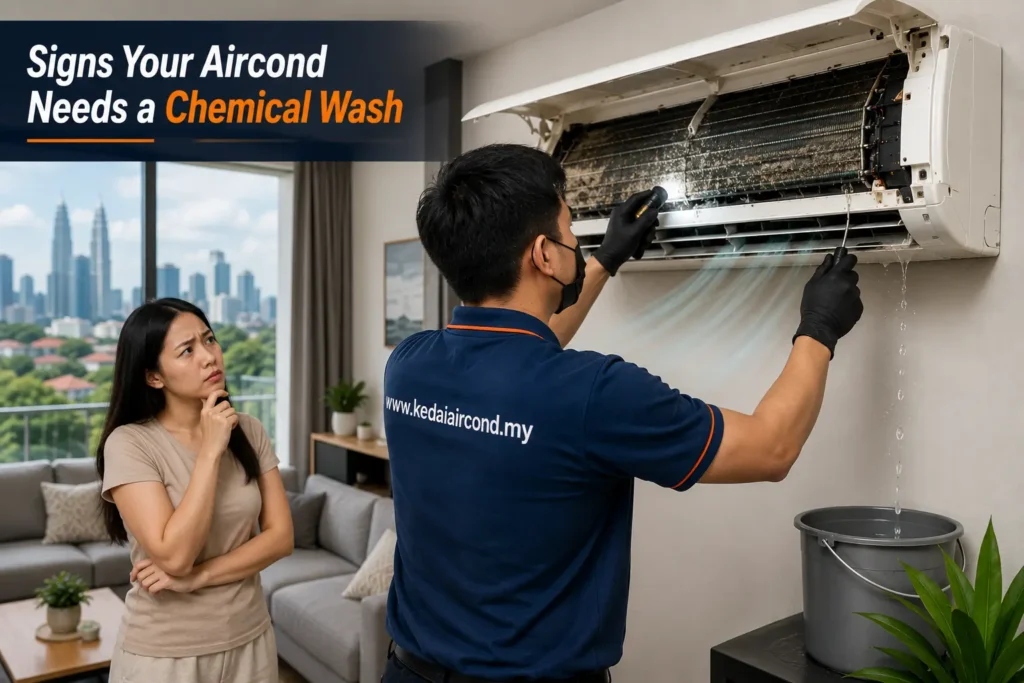 Signs aircond needs chemical wash in Malaysia 2026 showing a dirty indoor air conditioner with visible dust, mould, and weak airflow before professional cleaning.