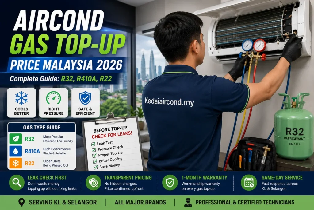 Aircond gas top-up price Malaysia 2026 with technician checking refrigerant