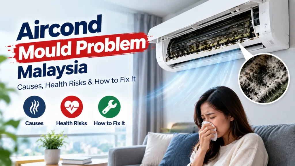 Aircond mould problem Malaysia showing mouldy indoor unit, health concerns, and professional cleaning