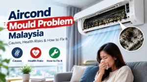 Aircond mould problem Malaysia showing mouldy indoor unit, health concerns, and professional cleaning